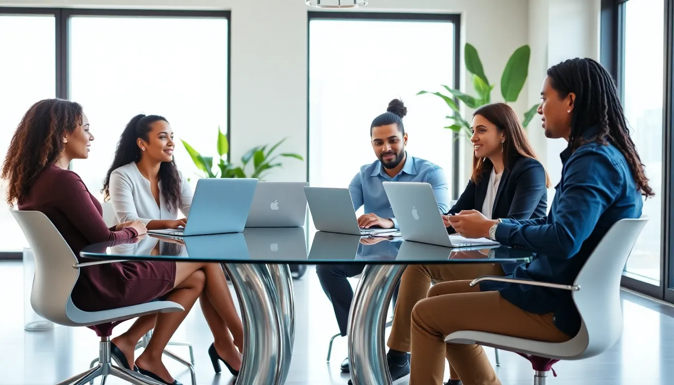 diverse team discussing relationship advice in a modern office.