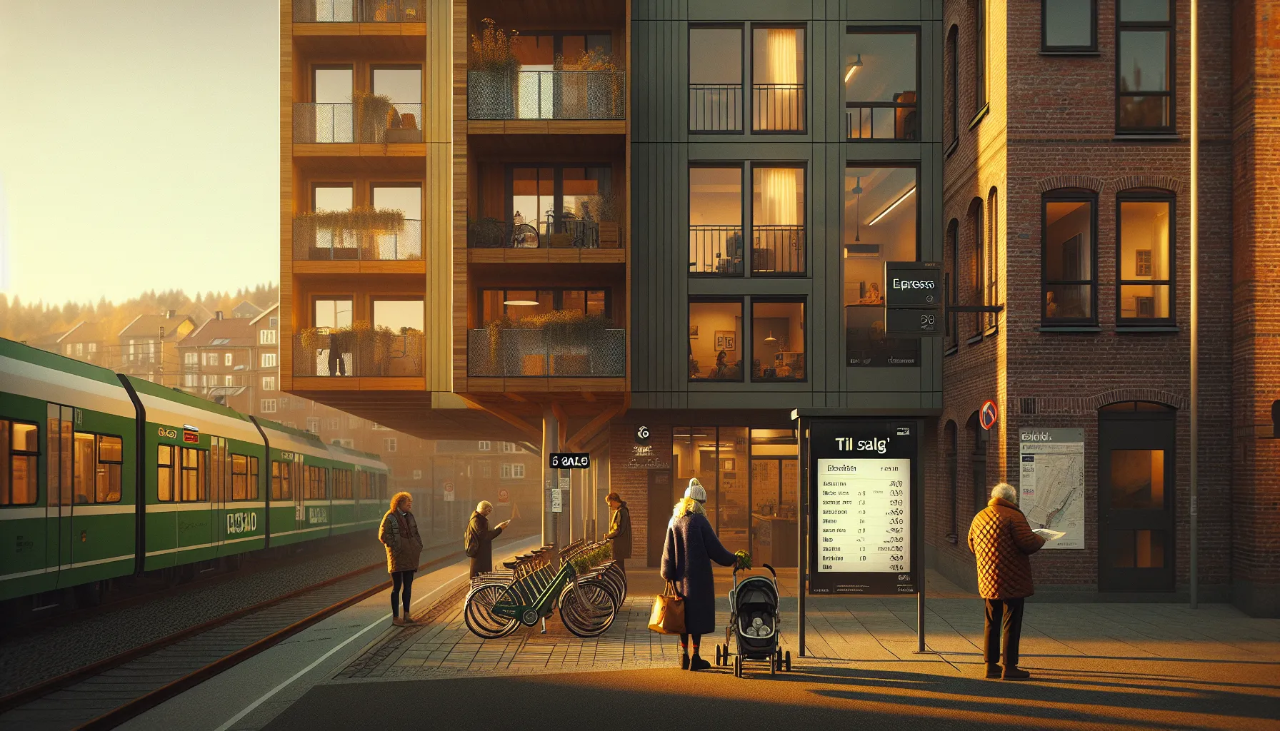 New norwegian small-town apartments by a station amid commuters and construction.