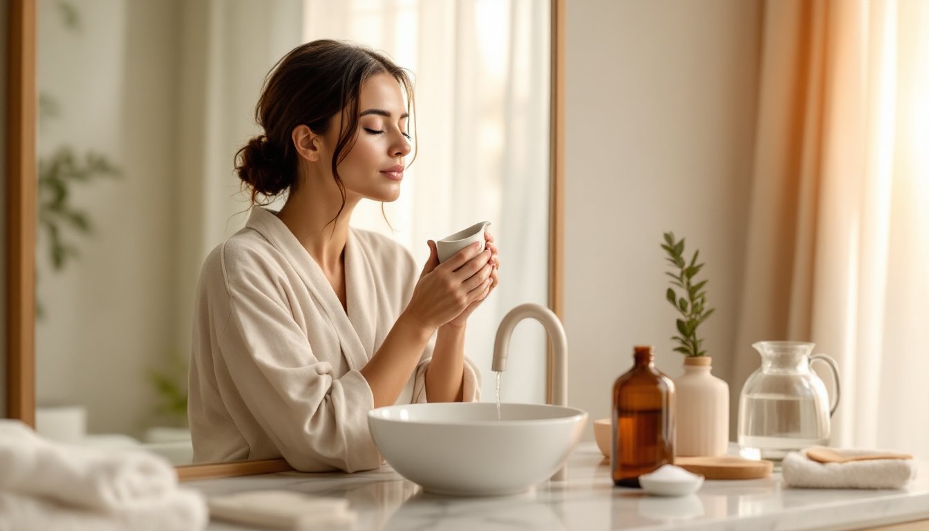 A woman using a ceramic neti pot for saline nasal rinse over a bathroom sink.