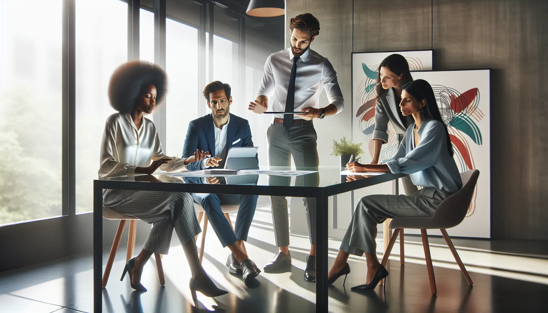 diverse team brainstorming in a modern conference room.