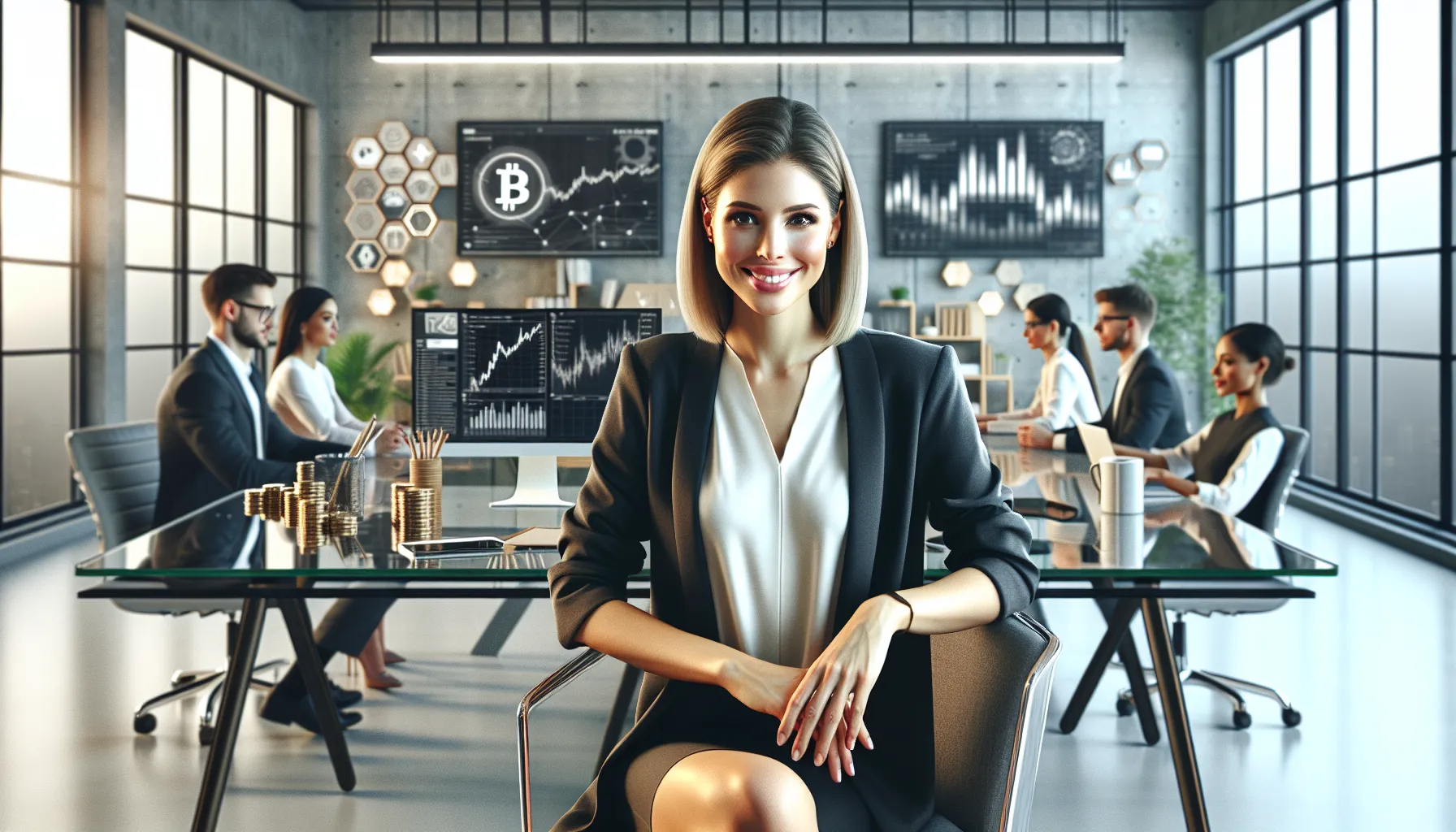Fyona Robthecoins in a modern office, showcasing crypto innovation and teamwork.