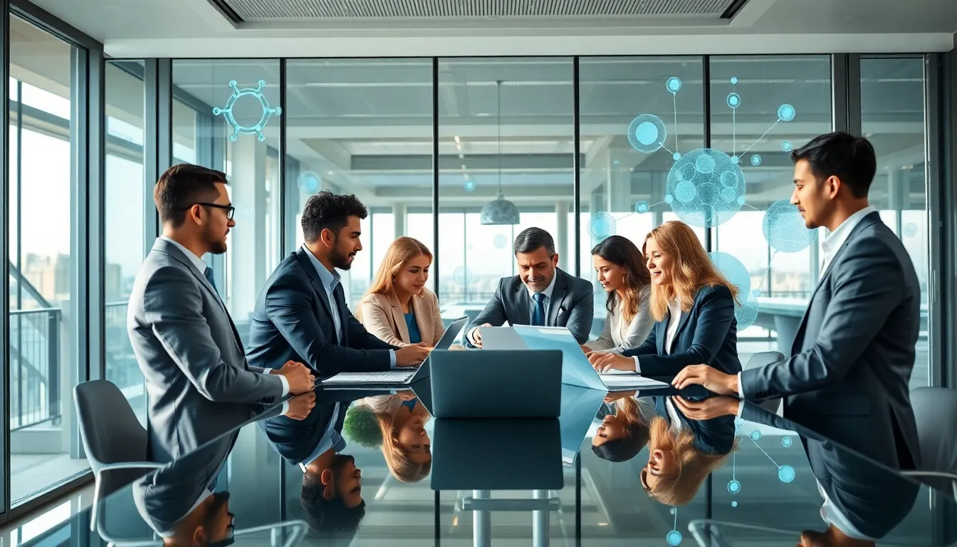 diverse professionals collaborating in a modern biotech consulting office.