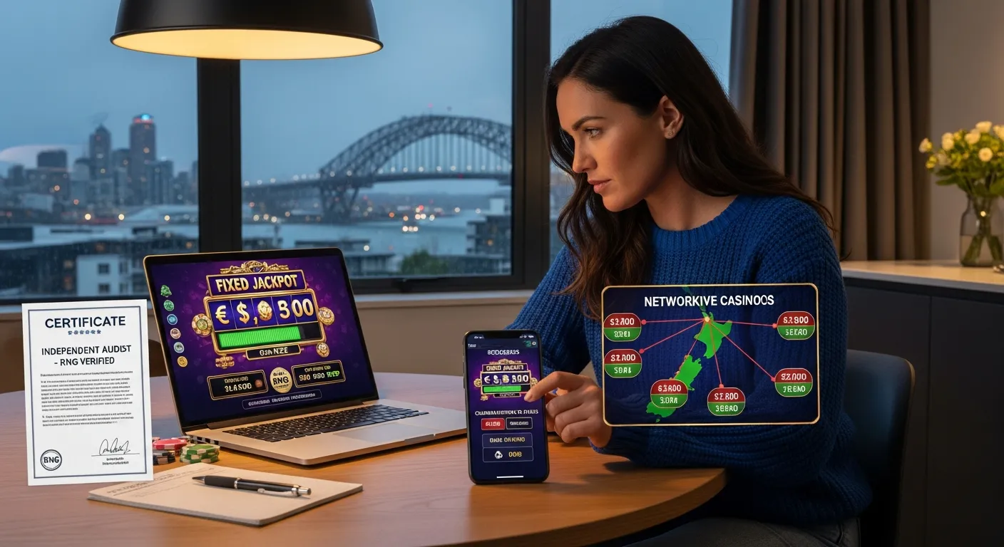 A woman at a laptop viewing progressive and fixed jackpots with an RNG certificate.