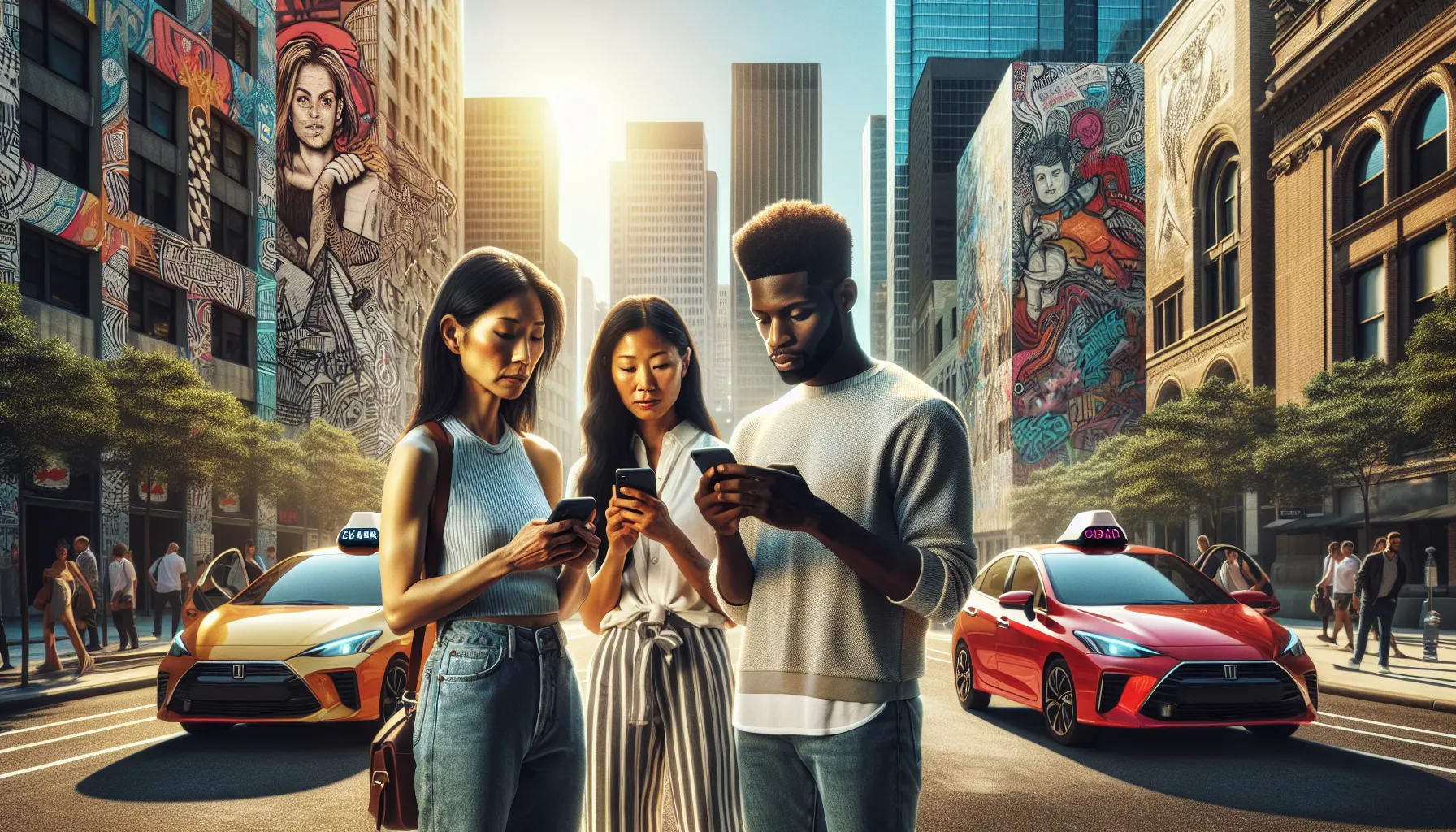 diverse riders waiting for Lyft and Uber in a busy city street.