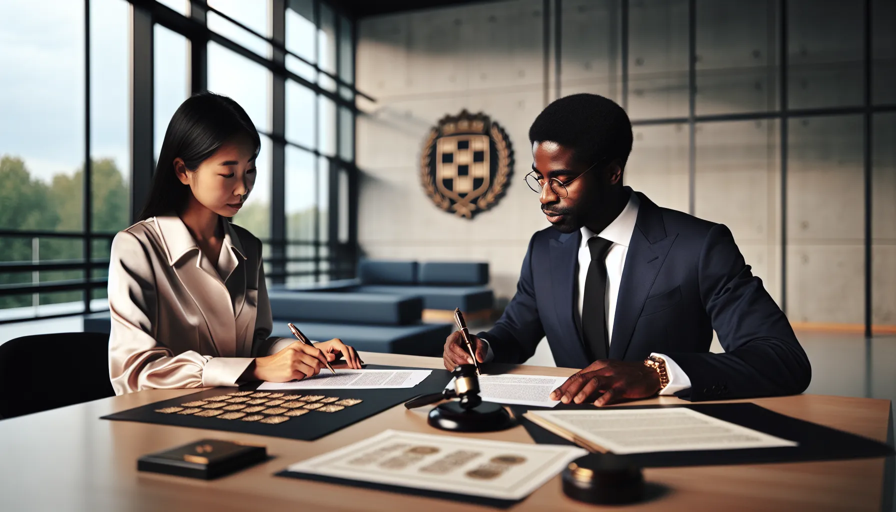 Two professionals signing legal power of attorney documents in modern Croatian office.