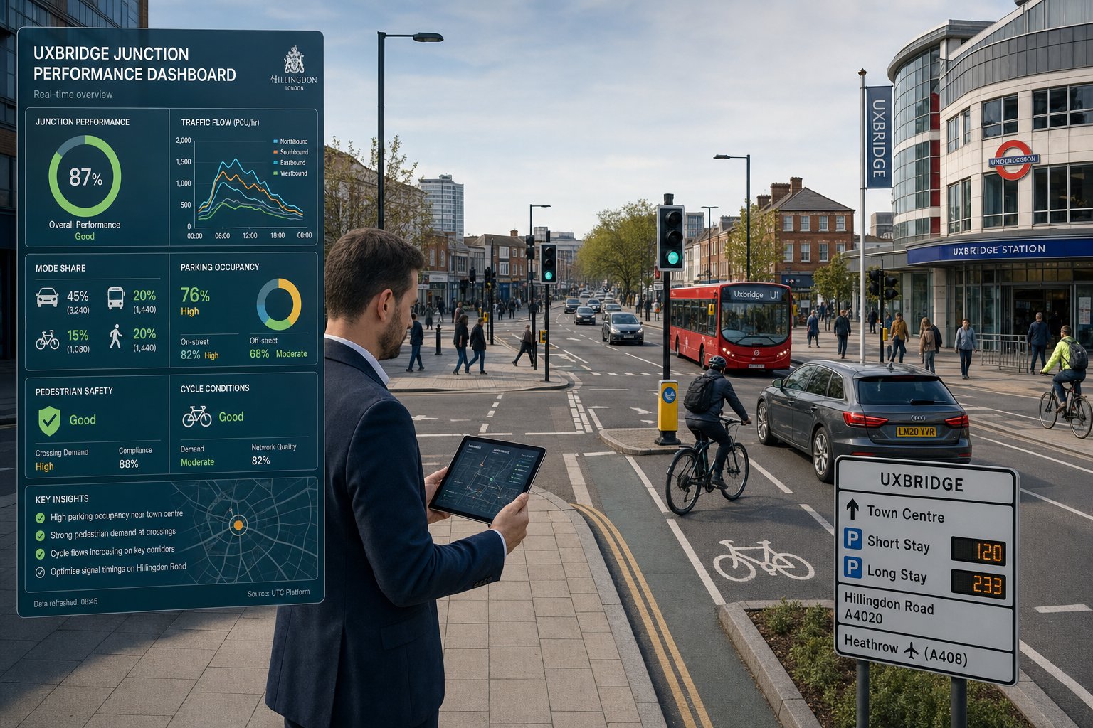 Traffic engineer assessing a busy Uxbridge junction with cars, buses, cyclists, and pedestrians.