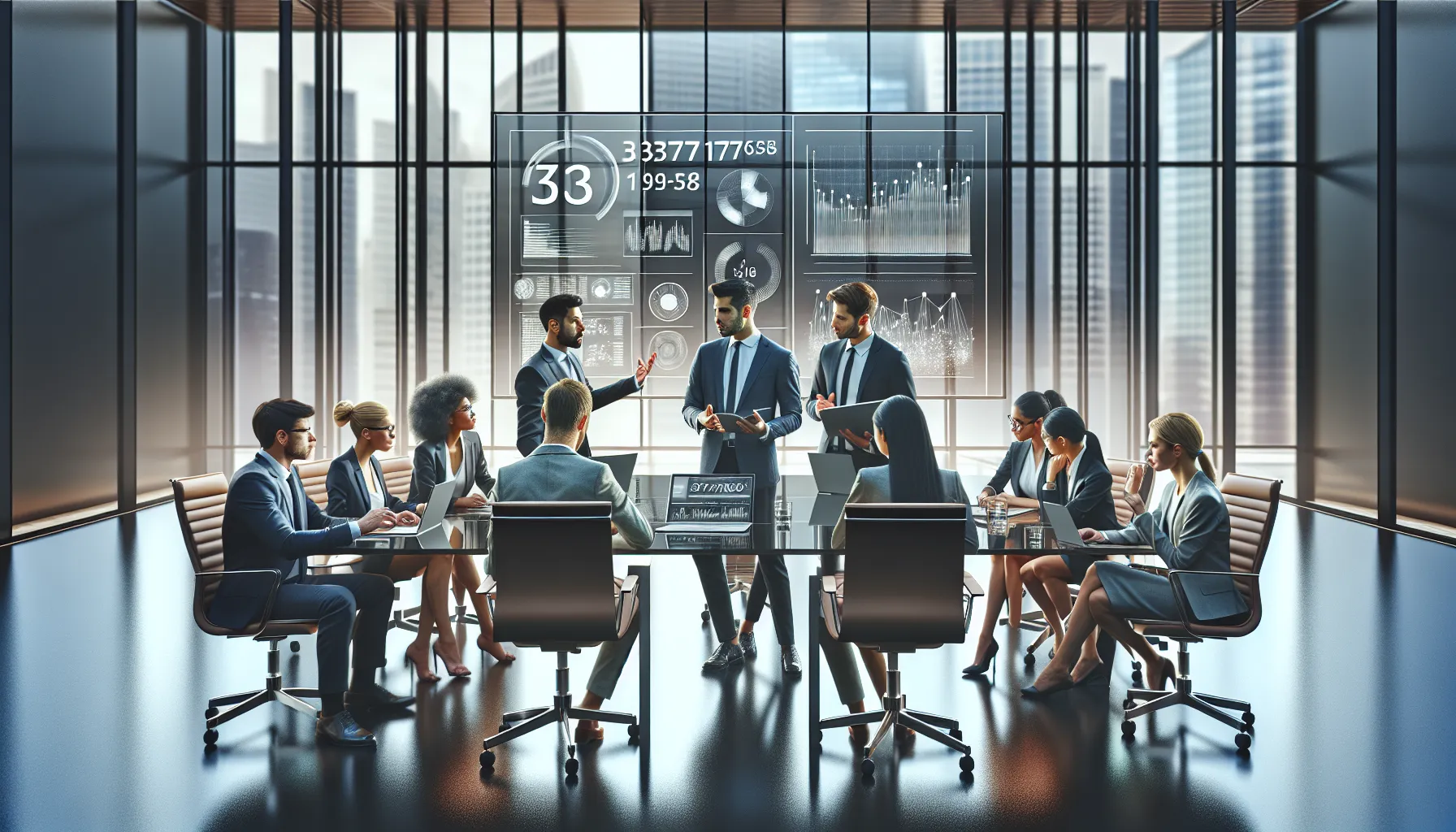 team discussing data in a modern office with the number 3377173158 displayed.