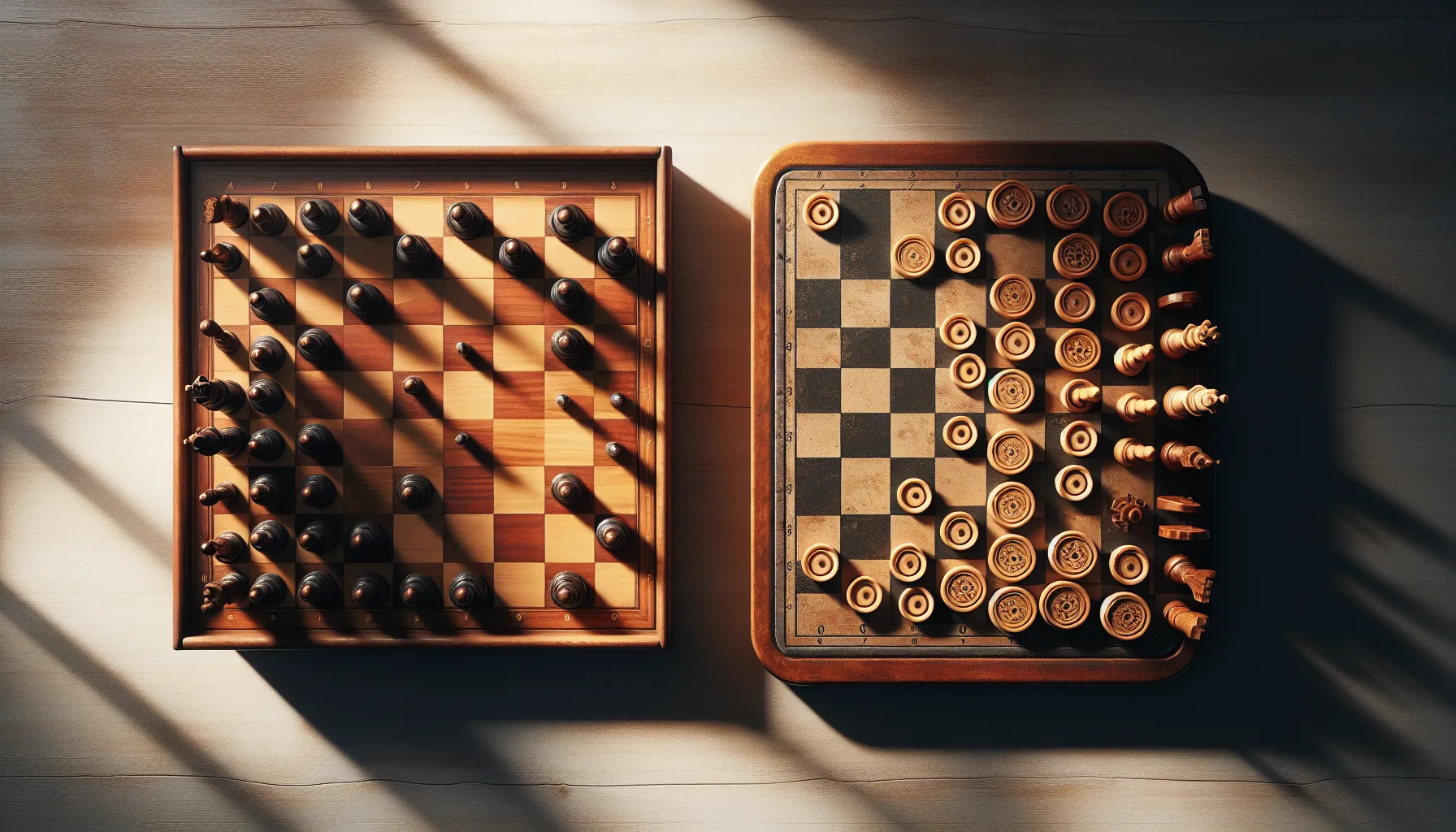 A chessboard and a checkers board positioned side by side on a table.