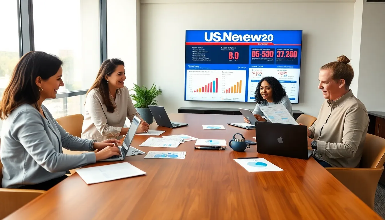parents and educators discussing high school rankings in a modern office.