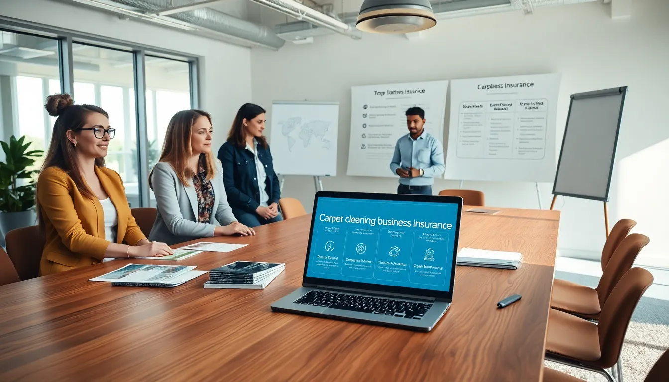 diverse carpet cleaning team discussing business insurance in an office.