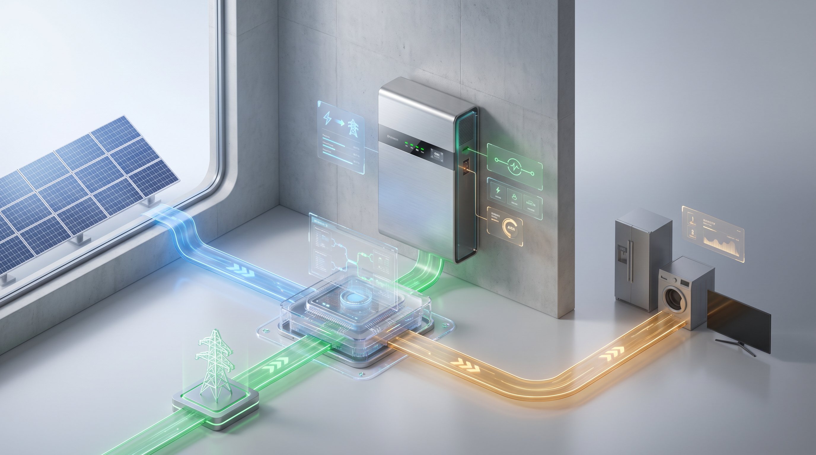 3D render of home power storage battery with integrated solar, grid, and household energy pathways.