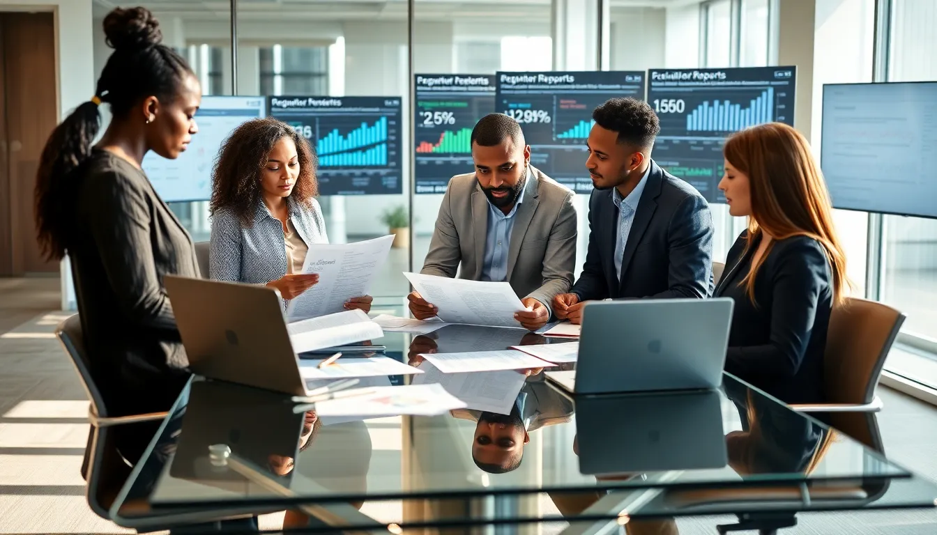 diverse team discussing reports in a modern office setting.