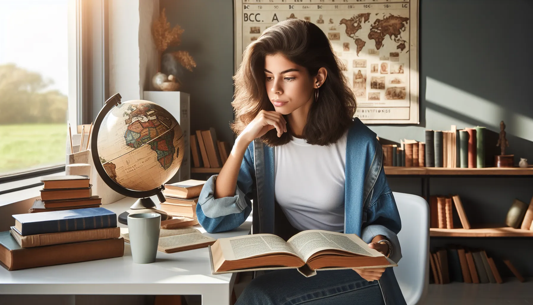 a young woman studying historical timelines at a desk.