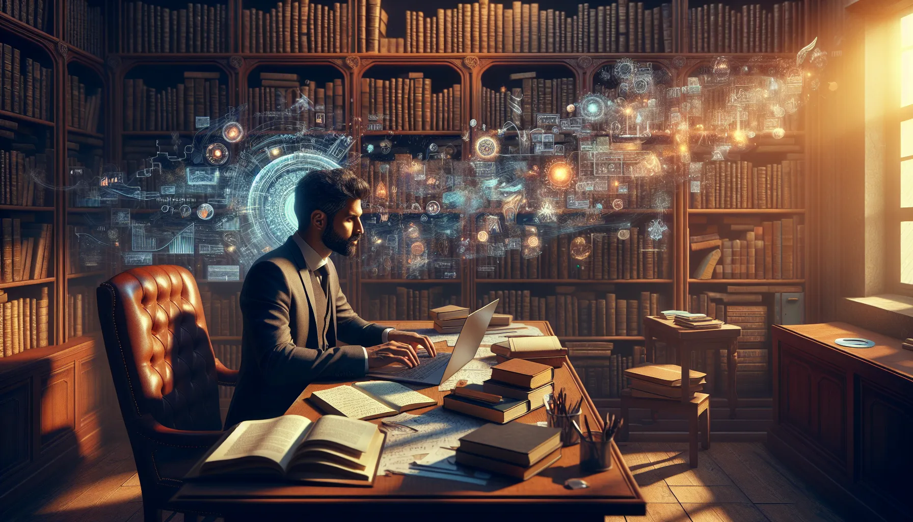An author visualizing narrative scenes amidst an inspiring writing environment.