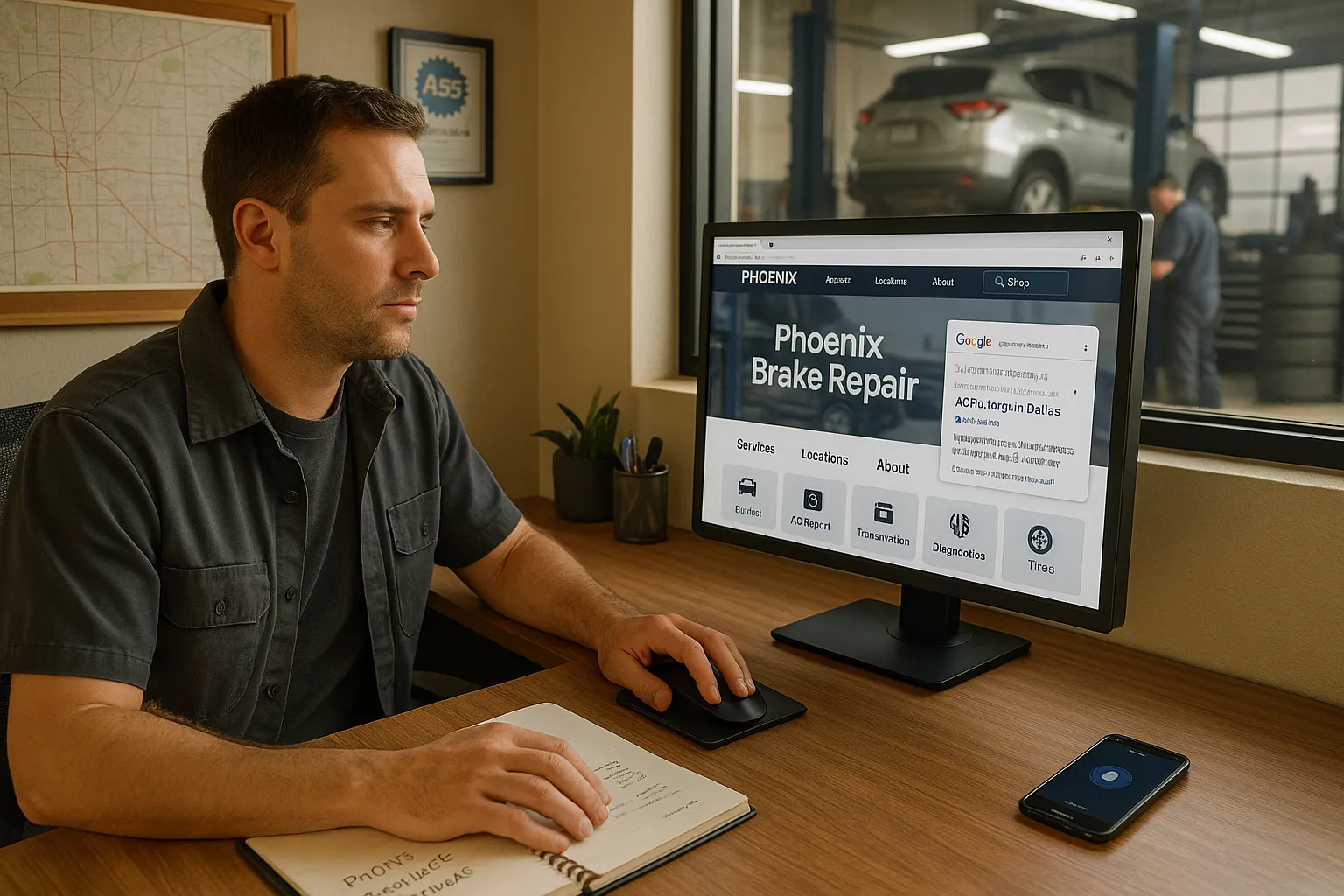 Auto shop owner optimizing a local service website for better search visibility.