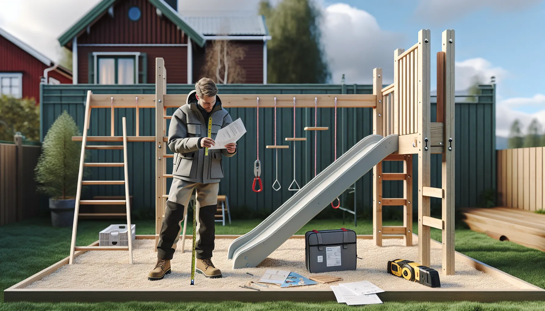Parent measures backyard playset height on shock-absorbing surface in norway.