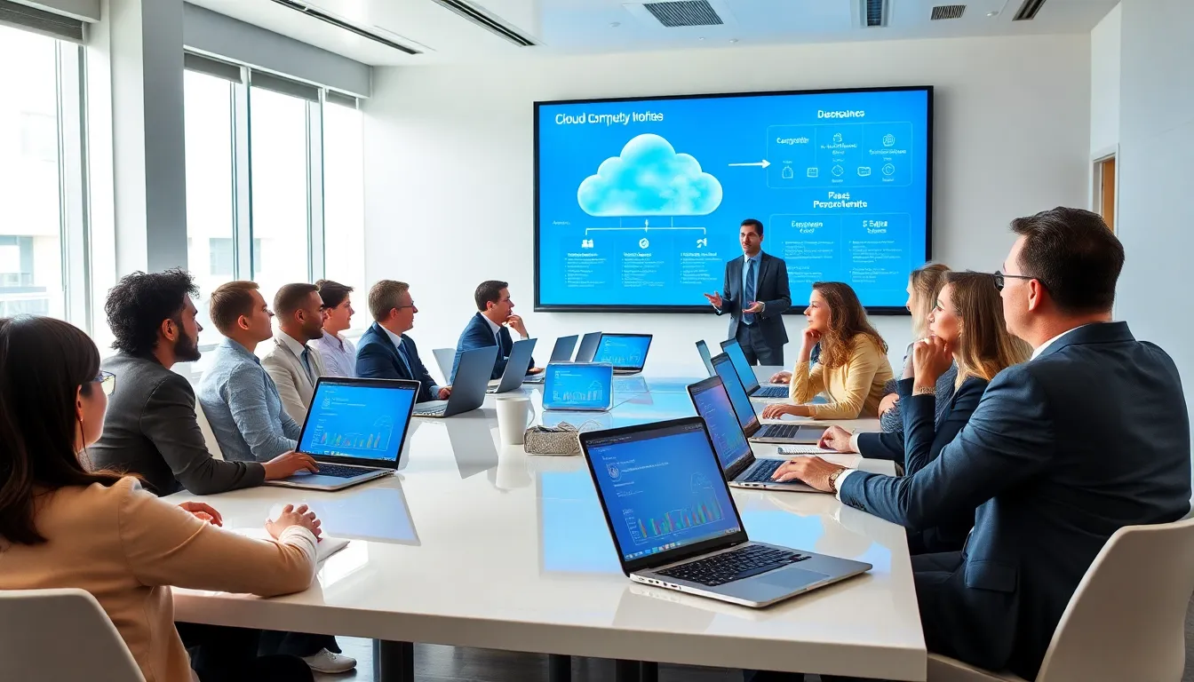 diverse professionals in a modern classroom learning about cloud computing.