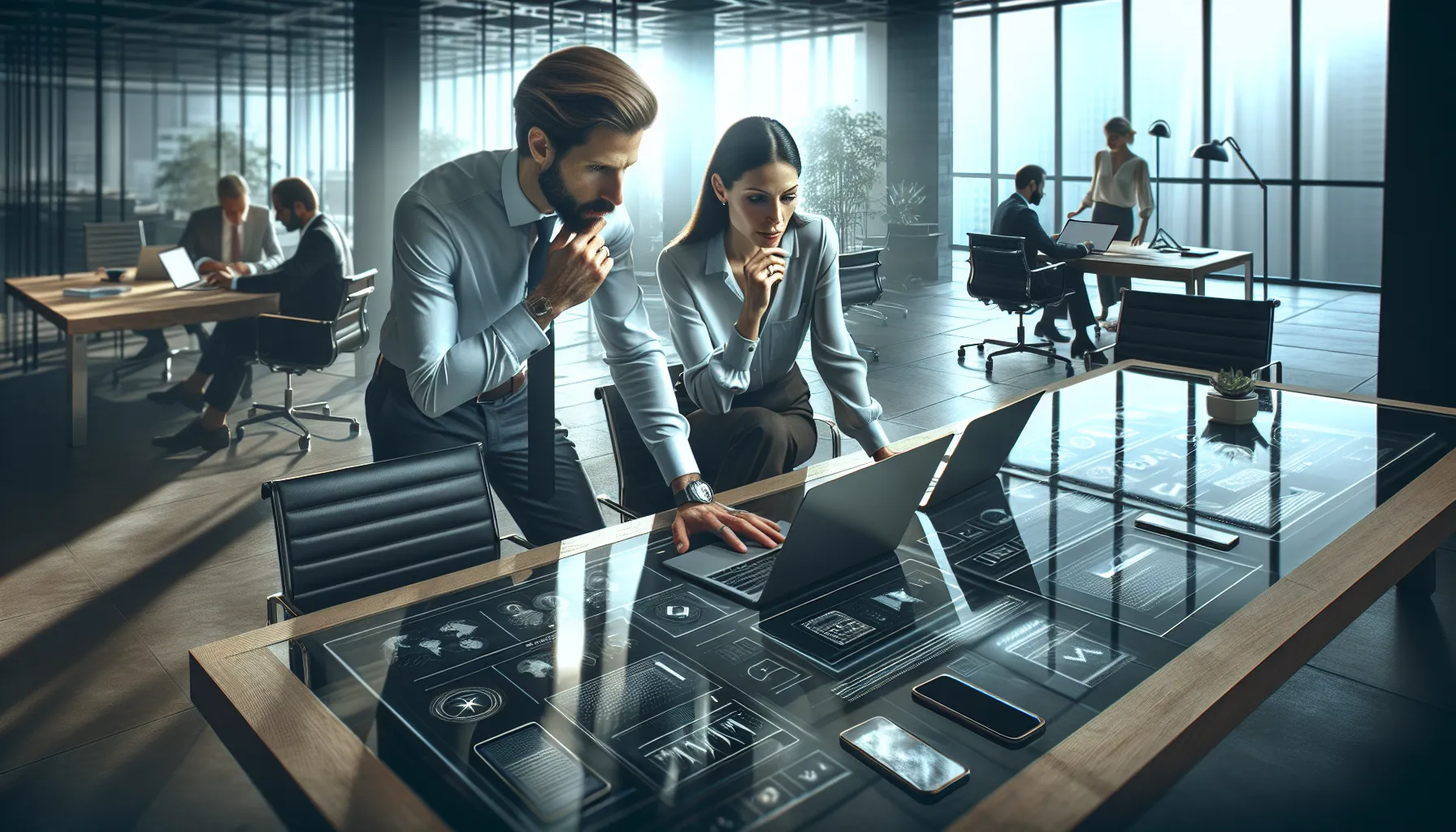 professionals updating software on laptops in a modern office