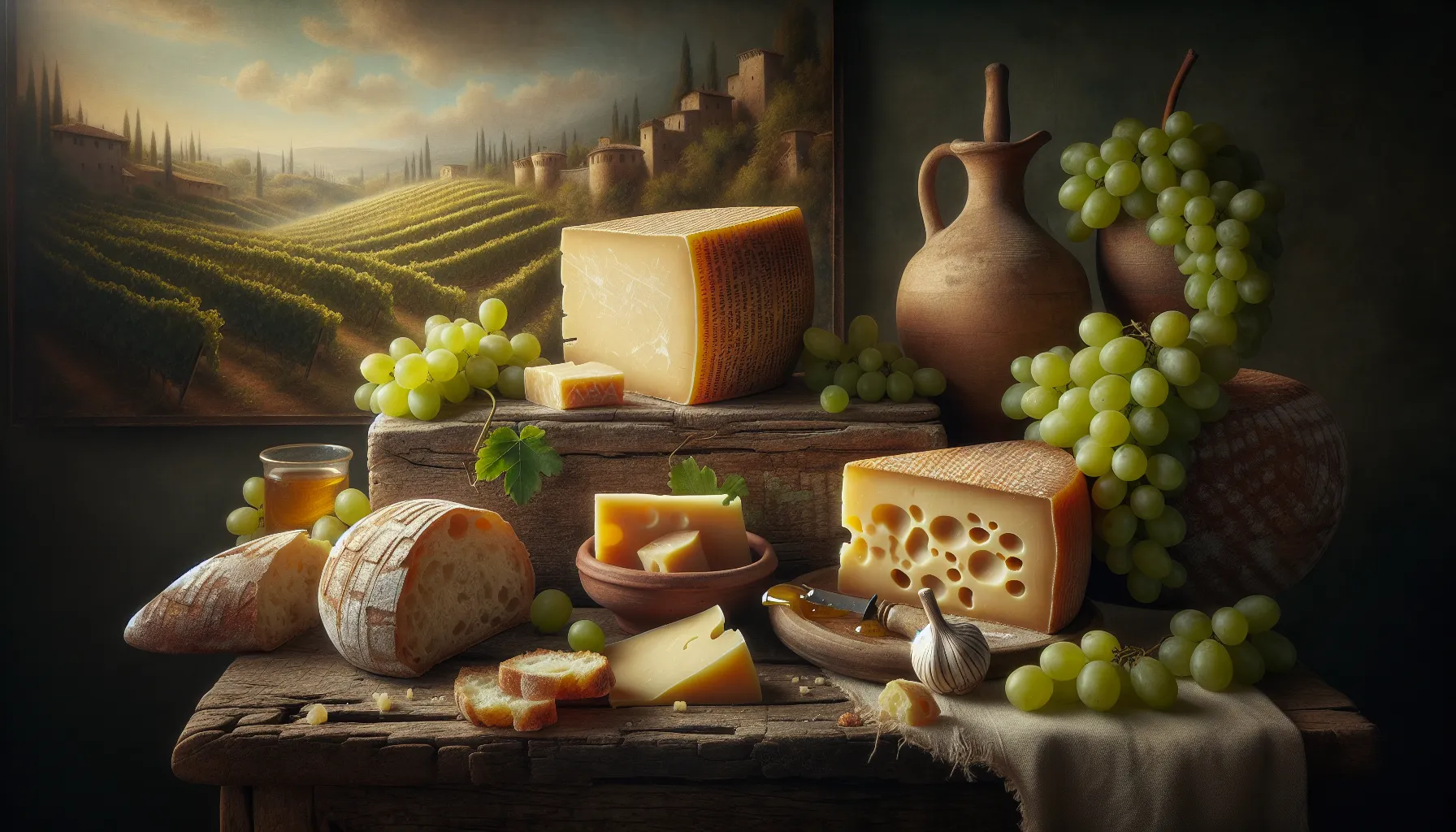 Two cheeses, Parmigiano-Reggiano and Pecorino Romano, on a rustic table.