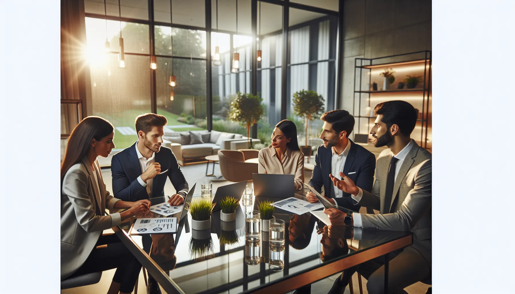 diverse professionals collaborating in a modern office on property maintenance services.