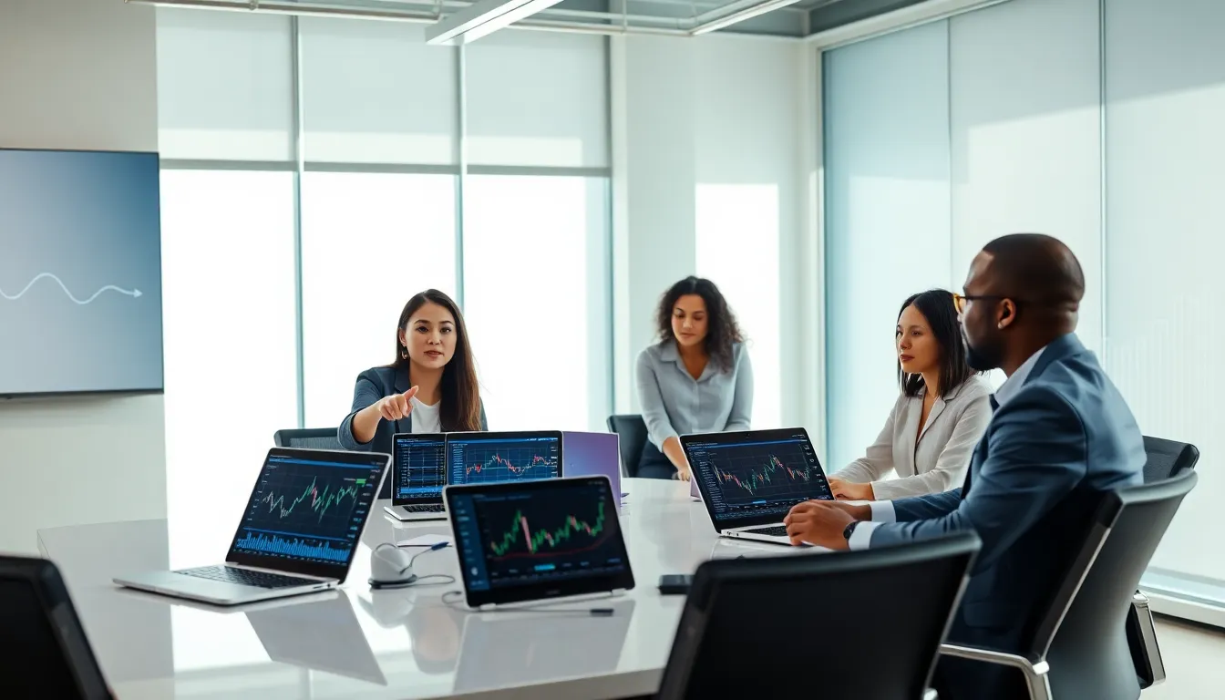 diverse professionals discussing cryptocurrency trading in a modern office.