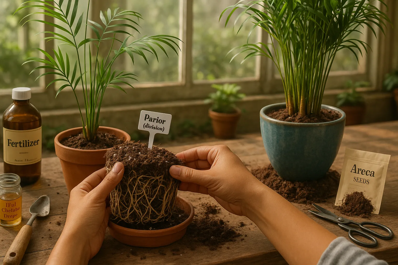 Hands dividing a Parlor Palm rootball beside an Areca palm on a potting bench.