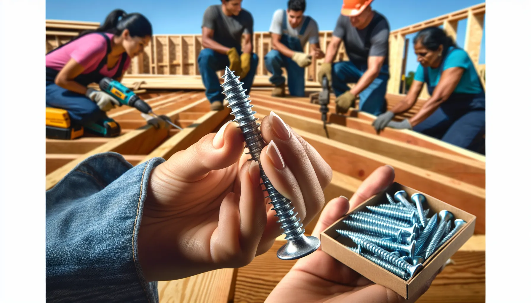 A comparison of a screw and nail at a wooden deck construction site.