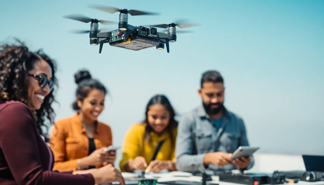 Raspberry Pi Zero drone being built by diverse tech enthusiasts.