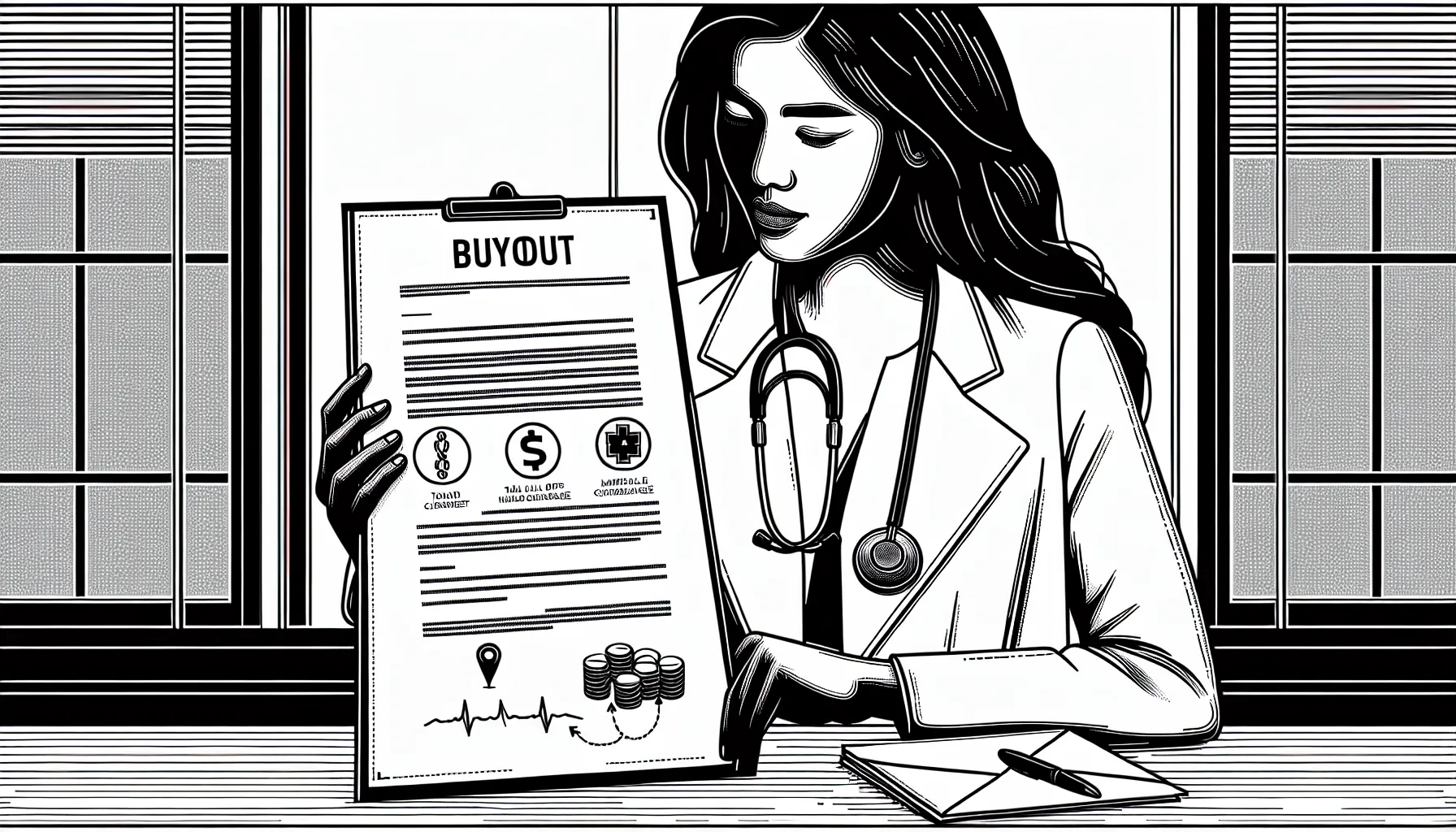 Physician holding a contract labeled “buyout” with money and shield icons.