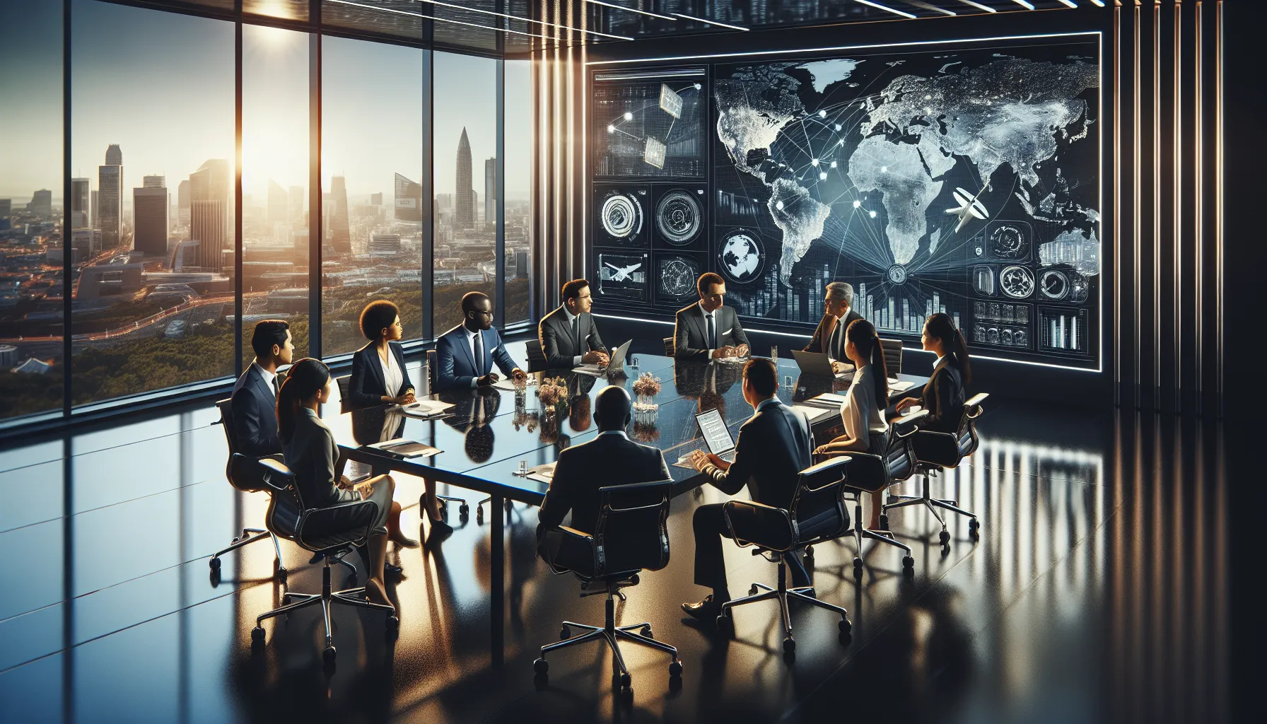 diverse professionals discussing satellite communication in a modern office.