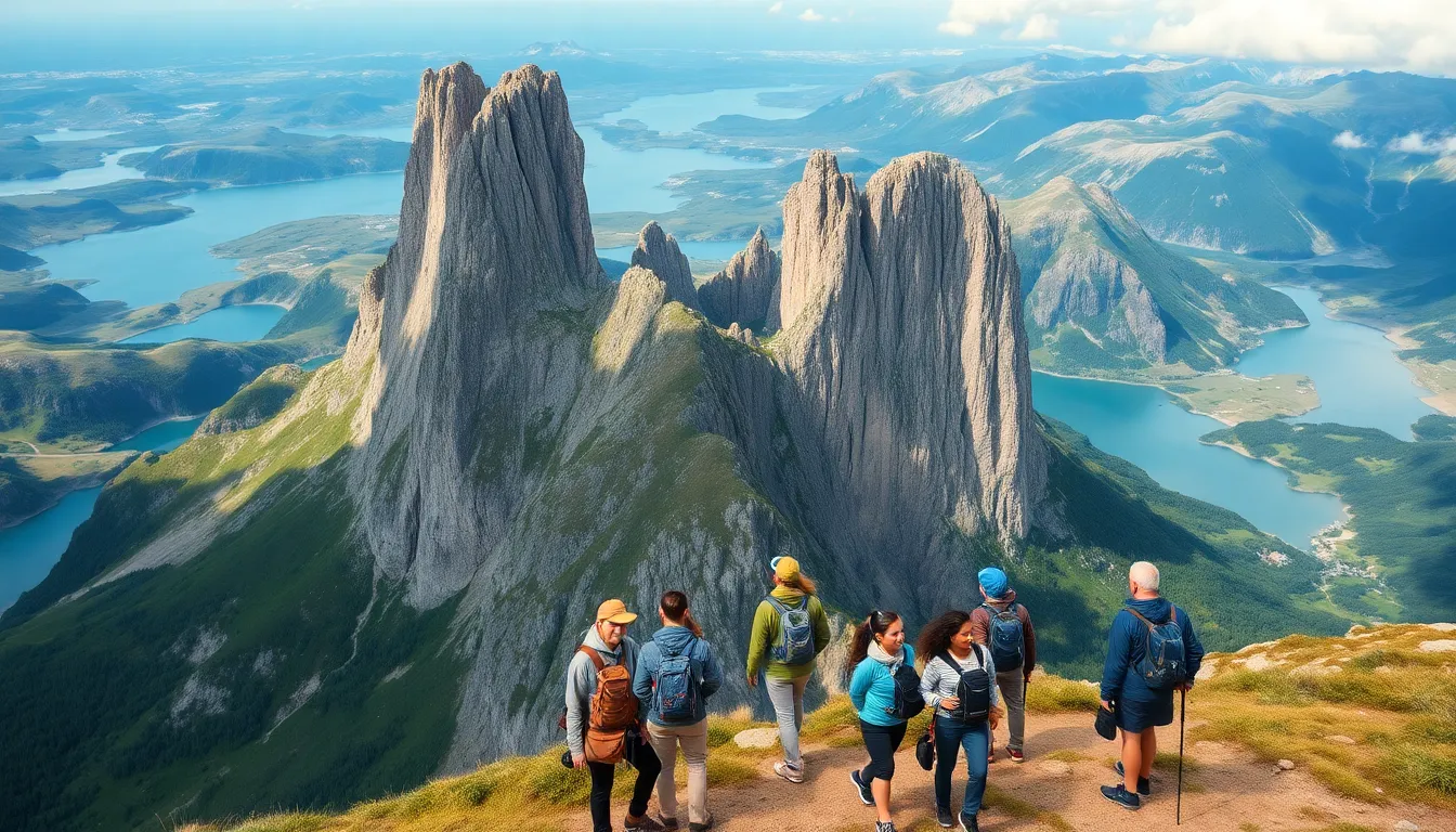 hikers enjoying the view of the Trolltvinge rock formation.
