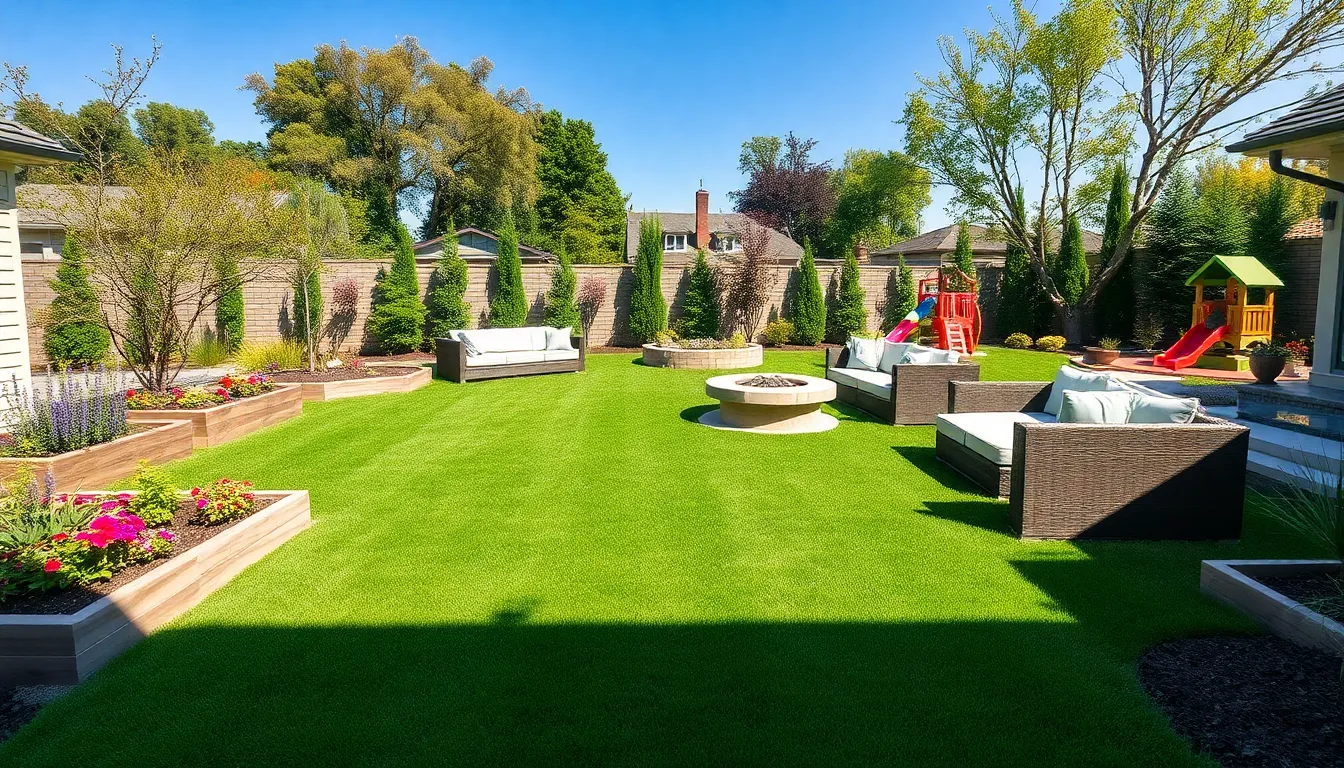 a landscaped backyard featuring seating, gardens, and a play area.