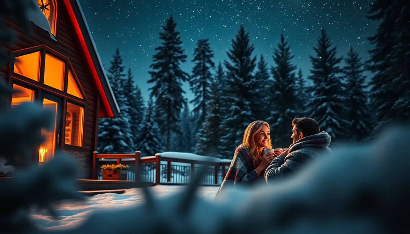 couple enjoying a cozy cabin getaway in nature.