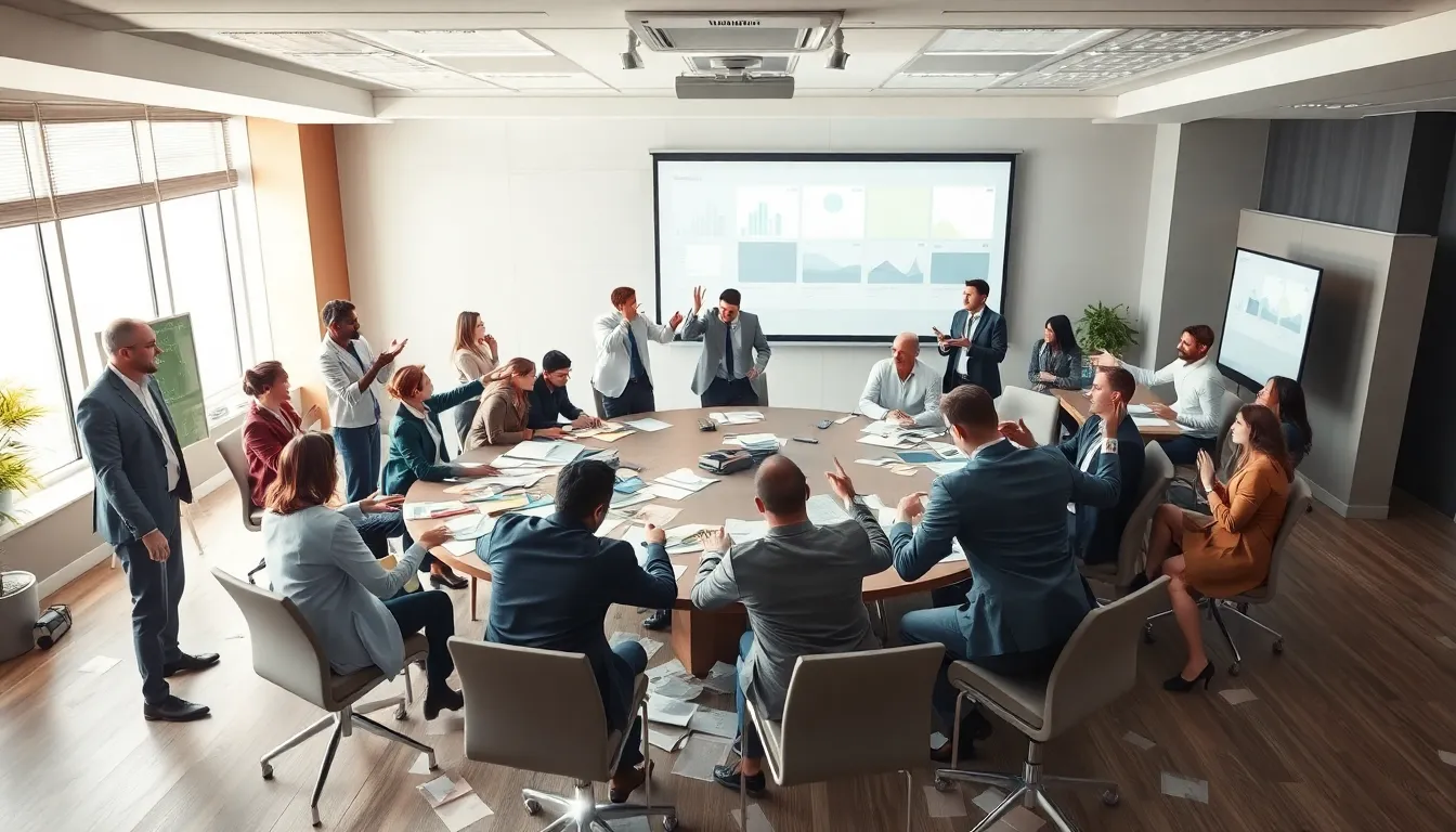 chaotic meeting room with diverse professionals engaged in disorganized discussions.