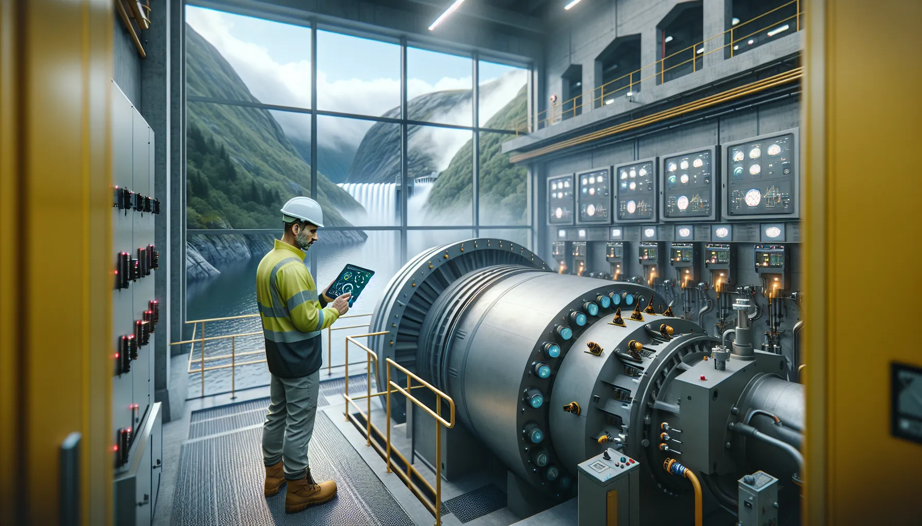 Norsk innovasjon innenfor fornybar energi 4 Engineer monitors digital sensors in a norwegian hydropower plant turbine hall.