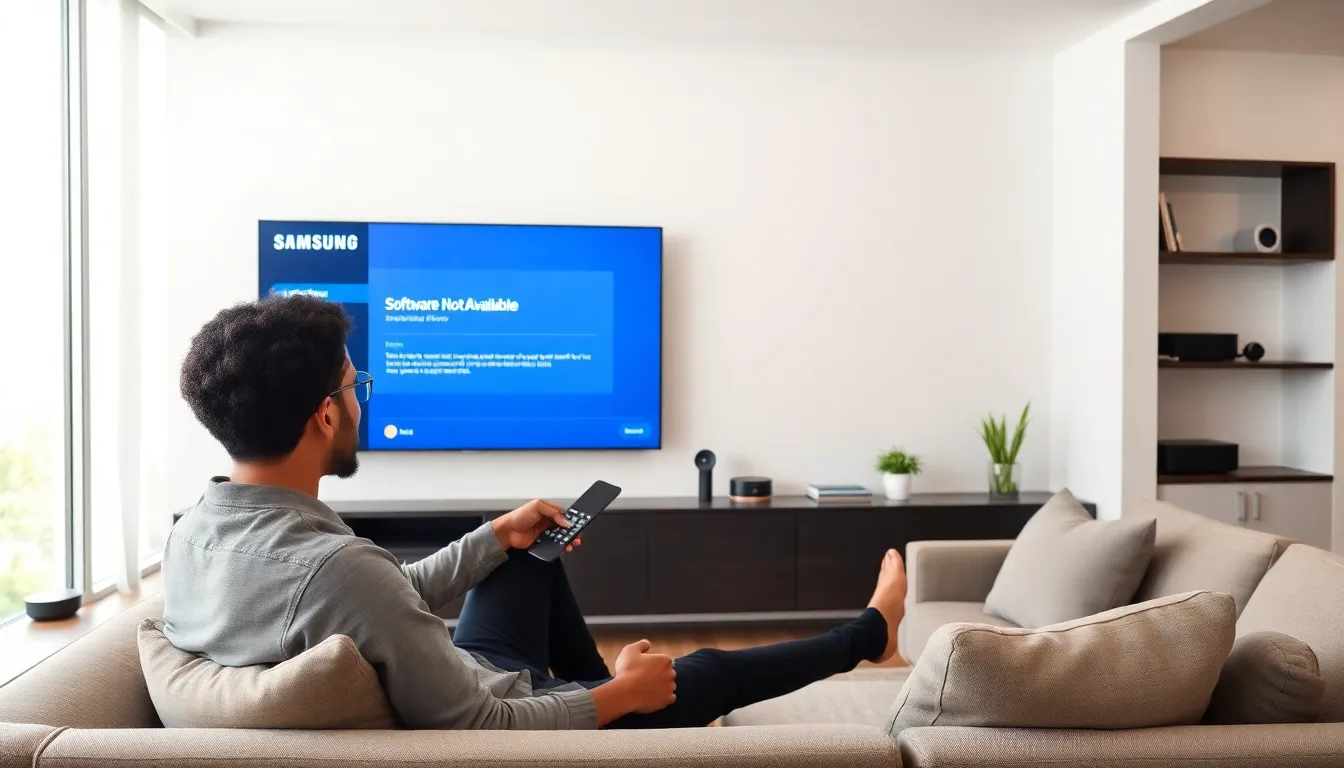 frustrated user unable to update Samsung TV software in a modern living room.