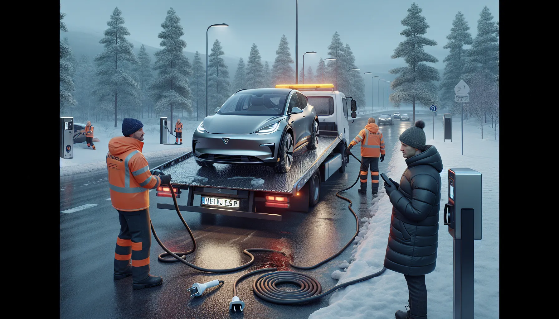 Norwegian ev towed from charger in snow, technician and driver check insurance.