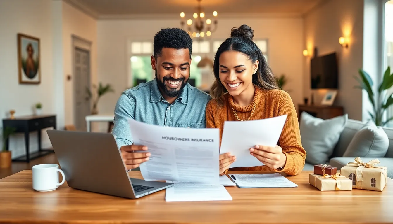 couple reviewing homeowners insurance documents in their new living room.