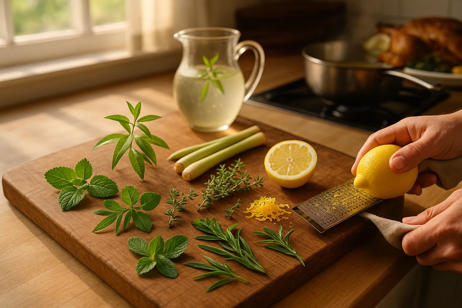 cutting board with lemon verbena, lemon balm, lemongrass, thyme, and zest