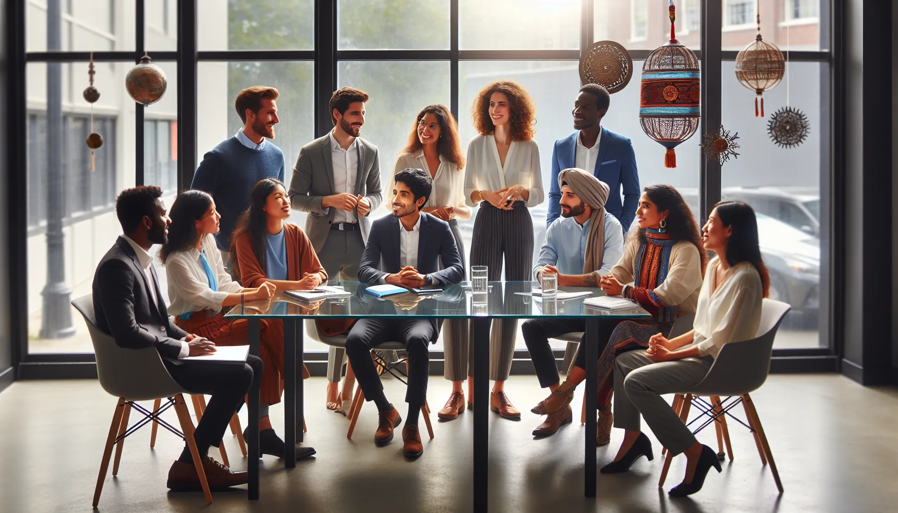 diverse team discussing cultural stories in a modern office.