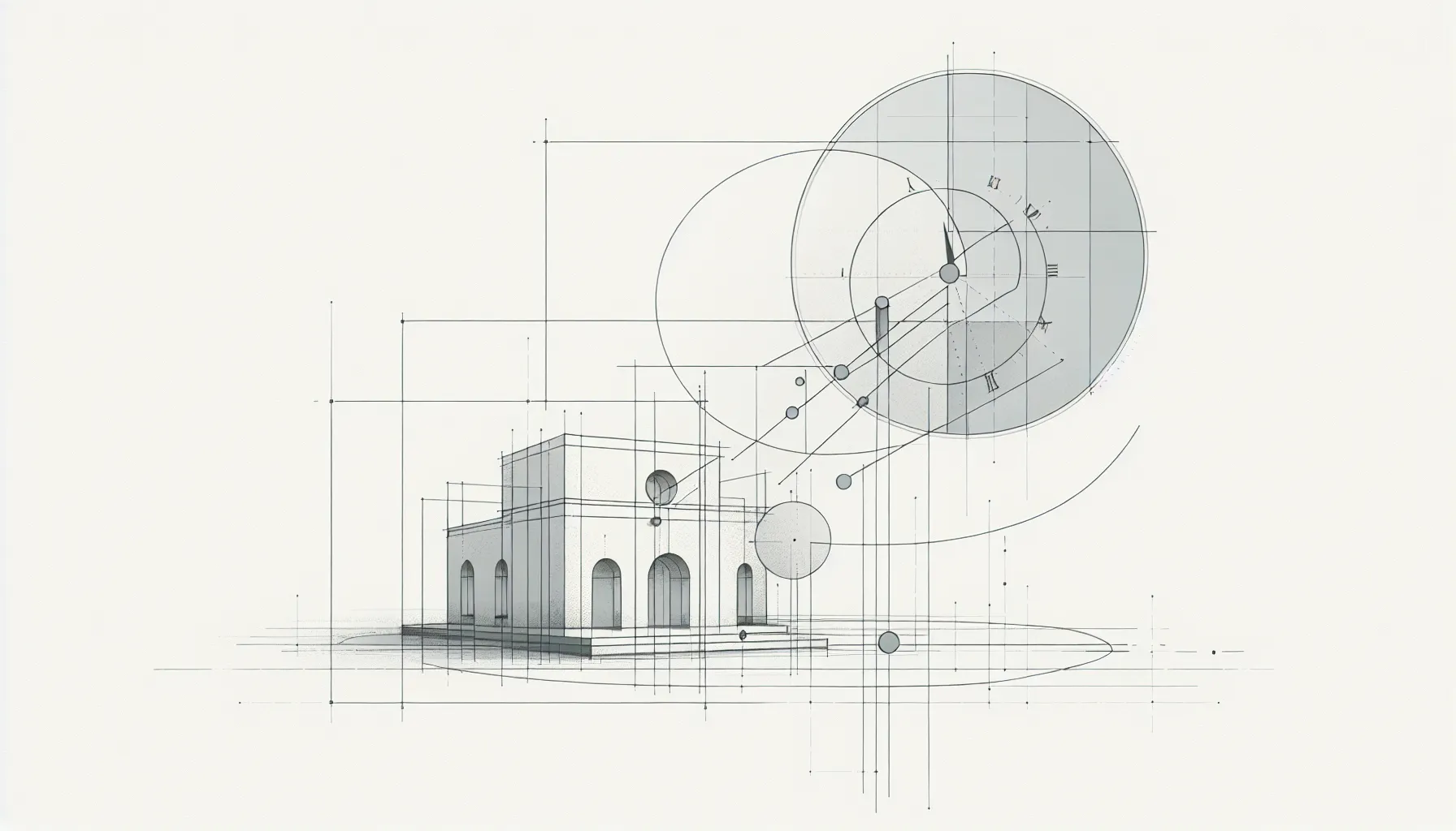 Minimalist illustration of architectural silhouette and clock representing space and time in literature.