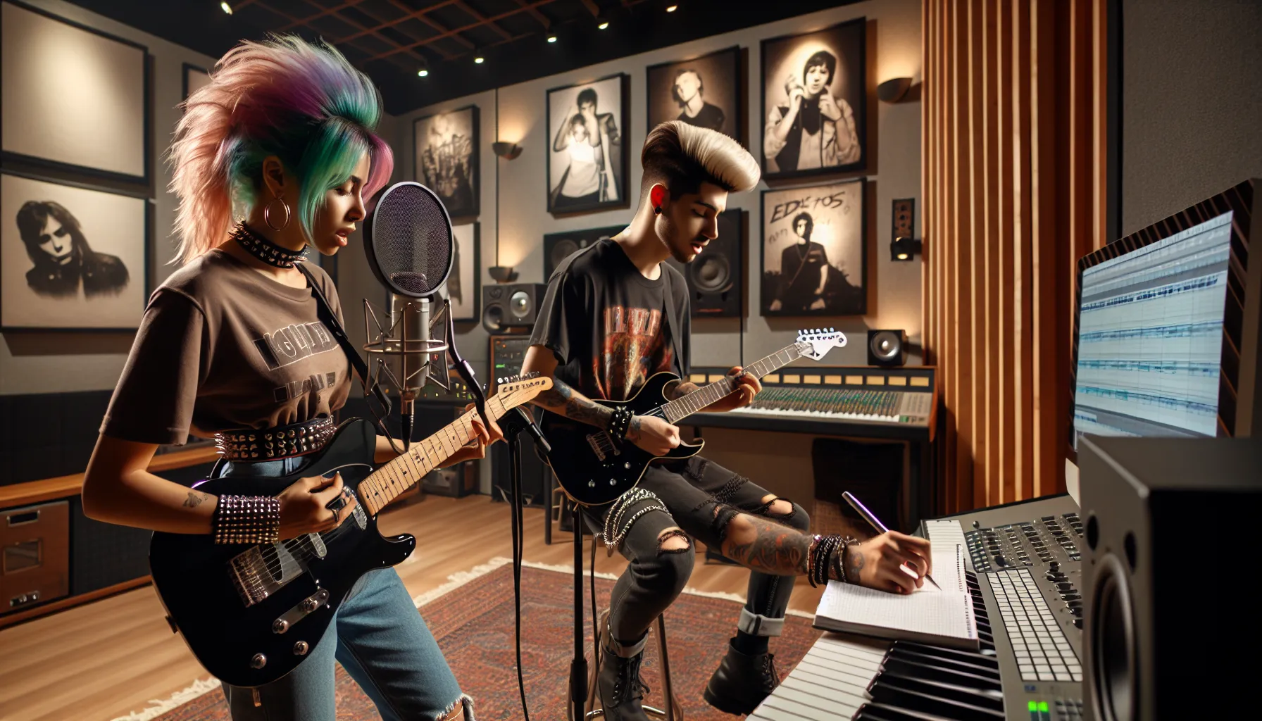 musicians collaborating in a vibrant emo music studio.