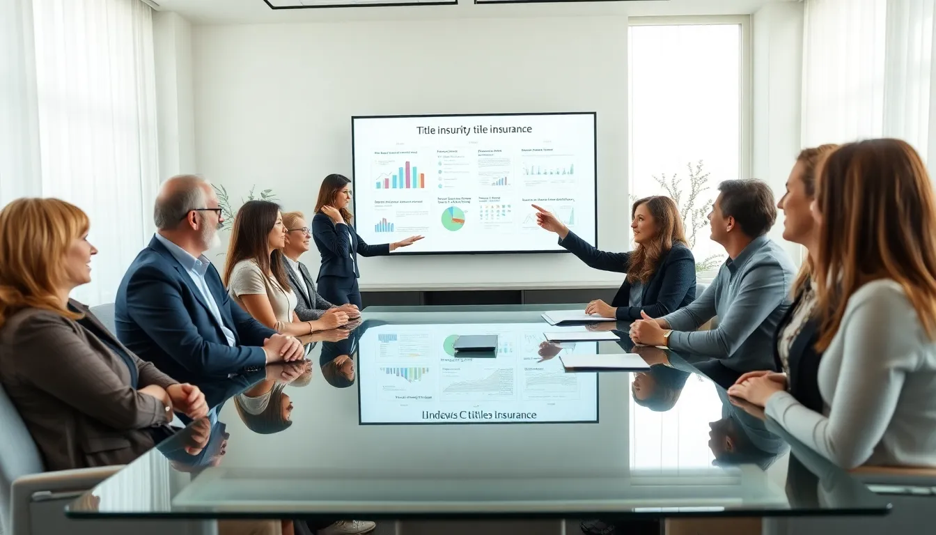 diverse professionals discussing title insurance in a modern office.