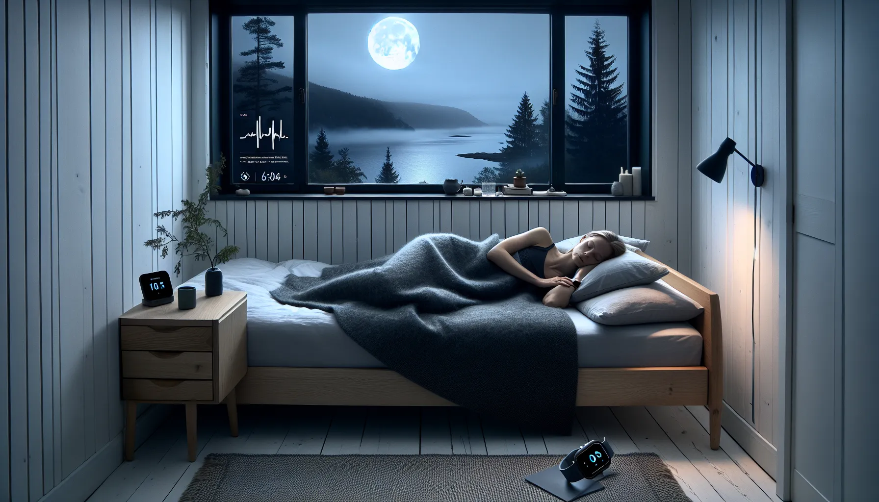 Hvordan søvnkvalitet påvirker hjertehelsen 3 Norwegian woman sleeping as smartwatch shows a nighttime heart-rate and blood-pressure dip.