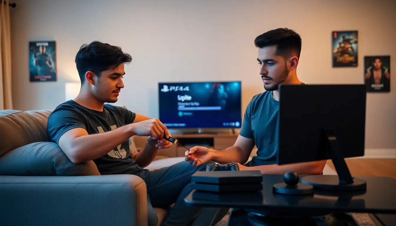 a young man updating his PS4 with a USB in a cozy living room.