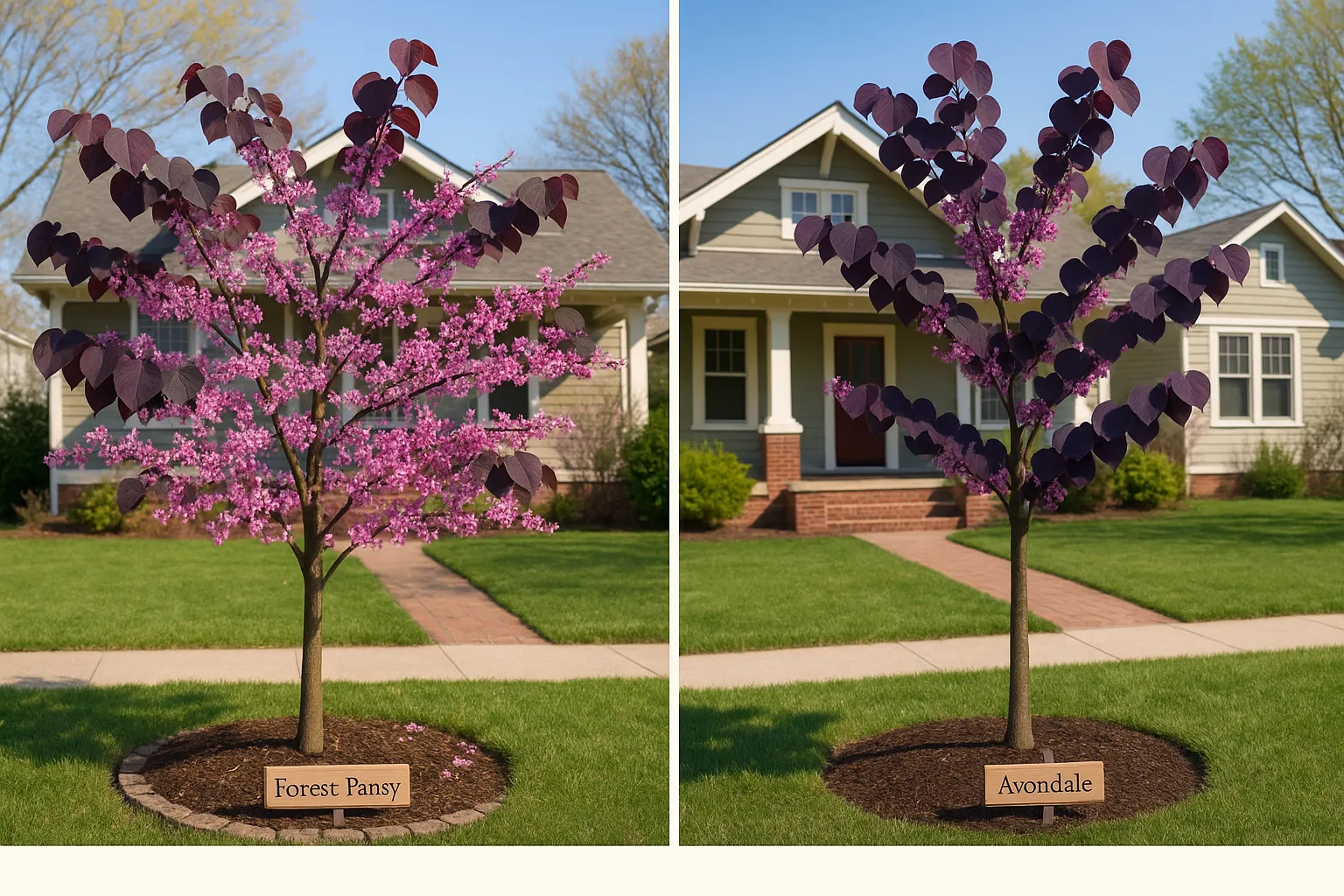 two young redbud trees labeled Forest Pansy and Avondale in a sunny yard