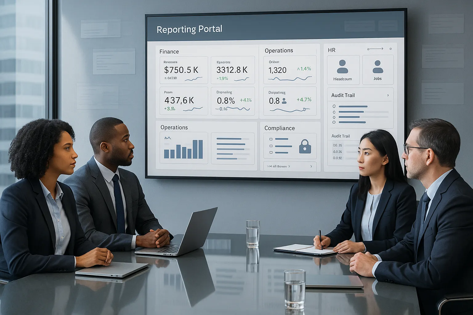 Team reviewing a centralized reporting dashboard in a modern office.