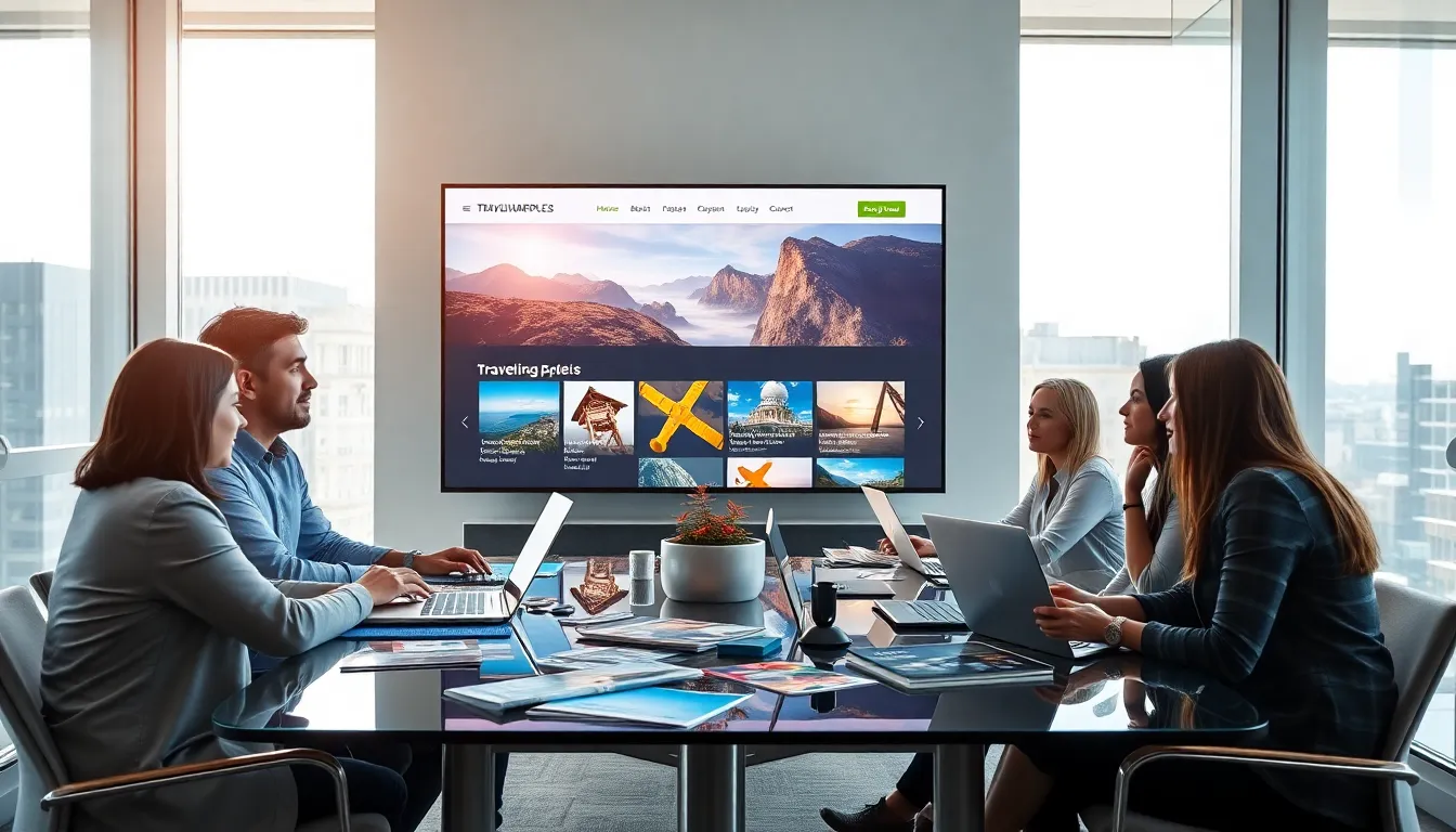 diverse team collaborating in a modern office on travel planning.