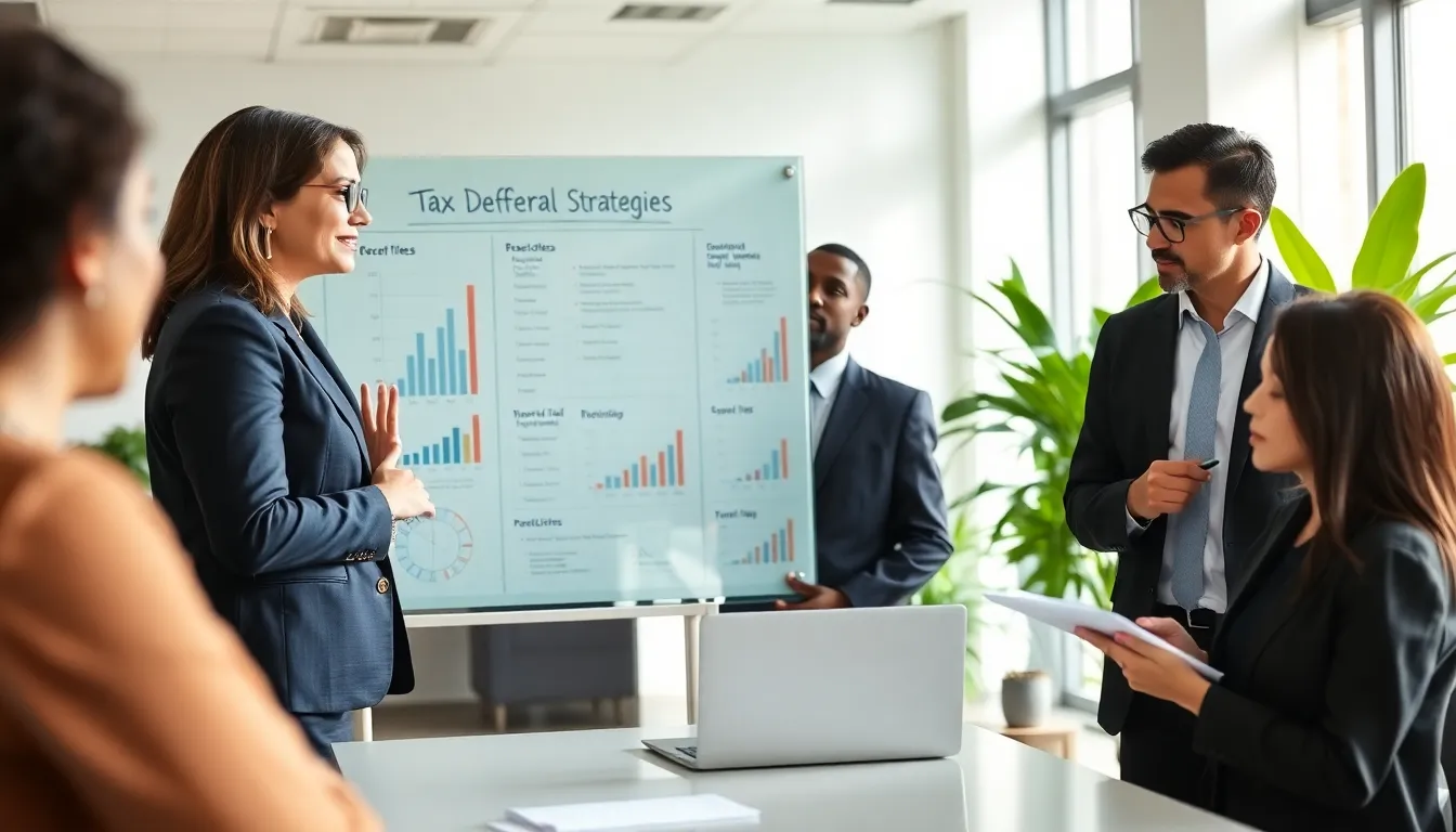 diverse team discussing tax deferral strategies in a modern office.