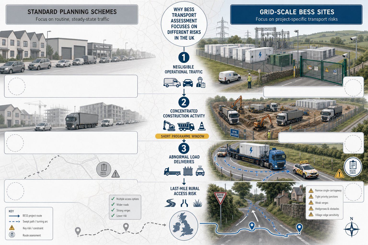 Infographic comparing BESS transport risks with standard development traffic in rural UK.